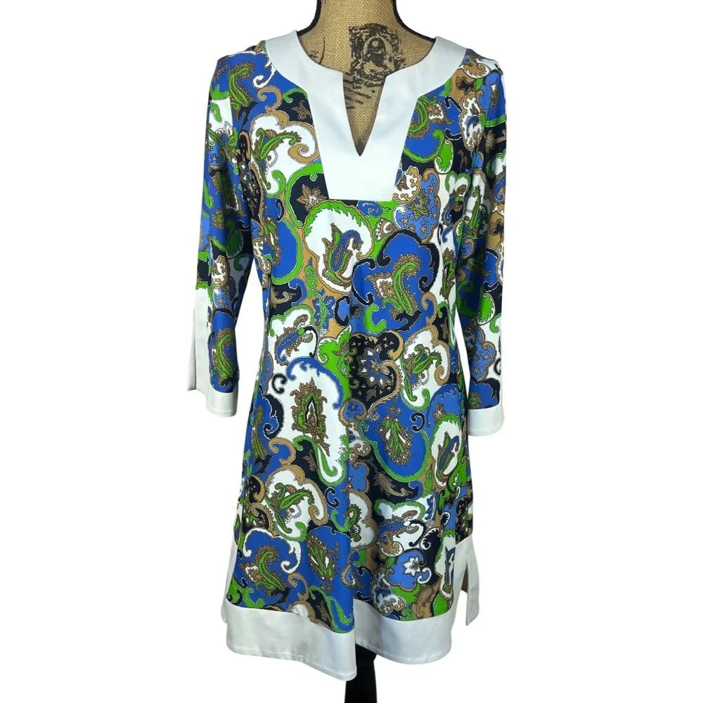Jude Connally Sz L Dress Multicolor Paisley Print 3/4 Sleeves V-Neckline - Picture 1 of 7